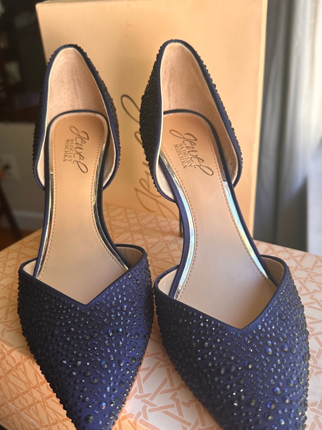 Jewel Badgley Mischka Navy Crystal Pointed D'orsay Heels